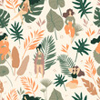 Seamless pattern with tropical spirit and beautiful women. Jungle leaves and palms. Ideal for wallpaper or wrapping paper.