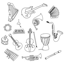 Musical Instruments Hand Made Vector Doodle Drawing Illustration Set Collection