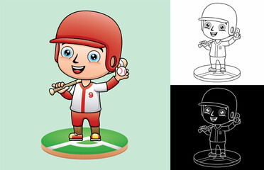 Canvas Print - Cartoon of a boy in baseball uniform with baseball bat and ball