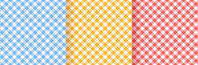 Tablecloth Vichy Seamless Patterns. Checkered Prints. Set Of Gingham Backgrounds. Pastel Retro Textures. Tartan Textile Grid. Plaid Picnic Wallpaper. Flannel Backdrop. Vector Illustration.