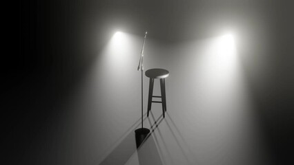 Wall Mural - black and white stage scene with microphone and empty chair or stool. empty stage 3d render animatio