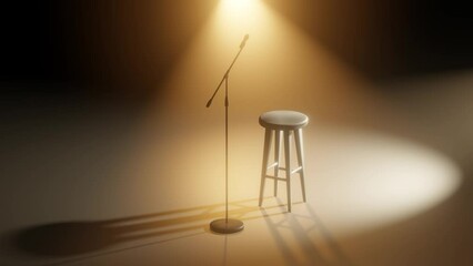 Wall Mural - empty stage with microphone and chair. stage light pointing microphone and stool on dark stage. 3d r