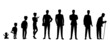 Vector illustration set of people of different ages in cartoon style. Growth evolution from baby to grandfather, human age cycle isolated vevtor silhouettes on white background