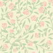 Seamless vector pattern. Background with simple rose flowers, stems and leaves. For packaging, fabric, wallpaper and more.