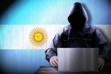 Anonymous hooded hacker, flag of Argentina, binary code - cyber attack concept