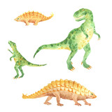 Fototapeta Dinusie - Watercolor tyrannosaurus rex with baby and scolosaurus with baby