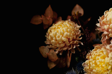 Dark floral background with yellow flowers chrysanthemum with low key lighting,florist greeting card. Flowers with low key lighting - dark flowers background and texture.