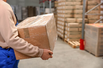 Sticker - Worker with cardboard box in warehouse, closeup. Wholesaling