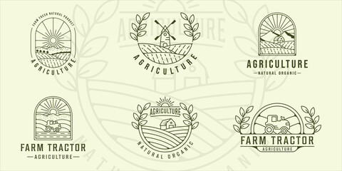 Wall Mural - set of farm tractor agriculture line art logo vector illustration template icon graphic design. bund