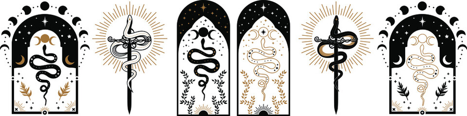 magic celestial snake with crescent moon,star and moon phases. mystical witchy symbol. cosmic serpen