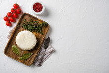 Soy Cheese Tofu, On White Stone Table Background, Top View Flat Lay, With Copy Space For Text