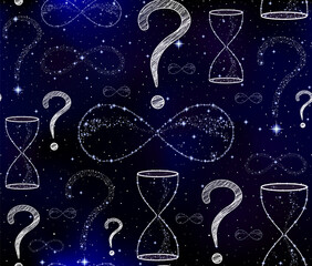 Wall Mural - Time concept vector seamless pattern with infinity signs, question marks and hourglasses on the starry sky background