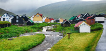 Picturesque View On Village Of Gjogv With Typically Colourful Houses On The Eysturoy Island, Faroe Islands, Denmark