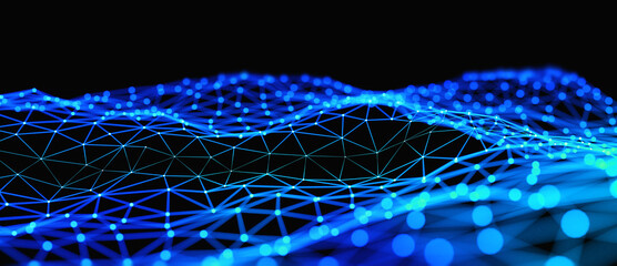 Wall Mural - Growing and expanding field or membrane of network. Network entities linked by vast blue glowing connections. Shallow depth of field. 3d rendering,3D illustration.