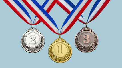 collection gold, silver, bronze medal against blue sky. award and victory concept