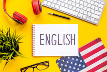 Learning English Online Lessons Concept. Text On Student Table