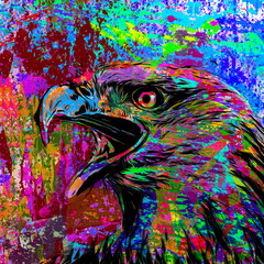 Wall Mural - Colorful artistic eagle muzzle with bright paint splatters on dark background