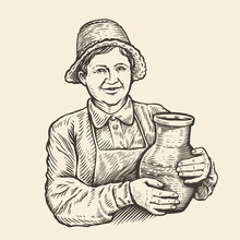 Happy Elderly Woman With Jug Of Milk. Hand Drawn Sketch Vintage Vector Illustration