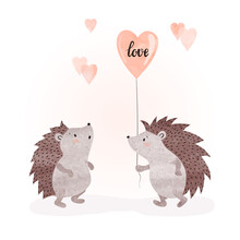 Valentines Day Card With Cute Watercolor Hedgehogs In Love With Heart Shaped Balloon. Vector Illustration