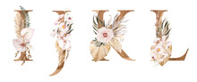 Watercolor Letters Decorarated With Dried Leaves And Tropical Flowers, Bohemian Alphabet Illustration