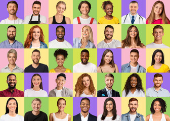 Wall Mural - Portraits of young diverse multiracial young people smiling over colorful backgrounds