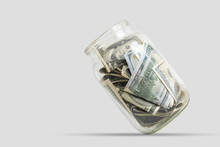 Glass Jar Dollars. Mockup. Copy Space. Economy Concept.
