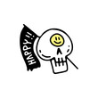 Skeleton head with smiley emoji and flag, illustration for t-shirt, sticker, or apparel merchandise. With retro cartoon style.