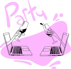 Online party wine zoom hands computer laptop friends quarantine