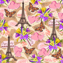Vector Pattern With Eiffel Tower.Eiffel Tower, Flowers, Butterflies, Hearts And Envelopes With Congratulations In A Seamless Color Pattern.