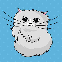 Fototapete - Hand drawn cute fluffy gray cat on blue background