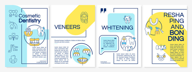 Cosmetic teeth procedures blue and yellow brochure template. Install veneers. Leaflet design with linear icons. 4 vector layouts for presentation, annual reports. Questrial, Lato-Regular fonts used