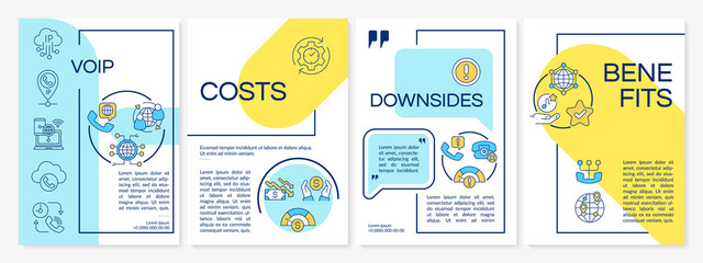 VOIP blue and yellow brochure template. Internet telephony providing. Leaflet design with linear icons. 4 vector layouts for presentation, annual reports. Questrial, Lato-Regular fonts used