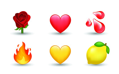 6 Emoticon isolated on White Background. Isolated Vector Illustration. Red rose, blood drop, yellow and red heart, flame, lemon vector emoji illustration. 3d Illustration set.