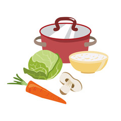 Red saucepan with copper lid. Ingredients for the preparation soup and a bowl of oatmeal. abbage, carrots, half of shumpinion. Icon for the Easter theme. Dietary food for Lent.