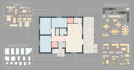 floor plan with furniture set top view for interior design of a house. colored architectural technic