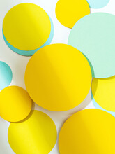 Simple Round Shapes Background In Pastel Blue And Yellow Colours. Fun Bright Colored Mosaic Of Paper Circles With Shadows Overlay. Creative Conceptual Template For Styling And Design. Mock Up For Text