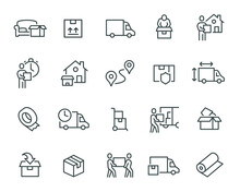 Moving Service Icons. Courier, Packing, Loading, Furniture, Truck And Others