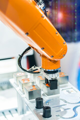 Poster - robotic clamp arm pick and place blocks, Manufacturing, industrial, engineering, ai, automated technology concept