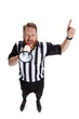 One young bearded man, soccer or football referee shouting at megaphone isolated on white studio background. Concept of sport, rules, competitions, rights, ad, sales.