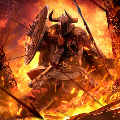 a northern warrior in armor made of metal and skins is protected from arrows by a wooden shield with