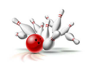 Wall Mural - Red Bowling Ball crashing into the pins. Illustration of bowling strike isolated on white background.