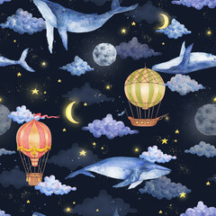 Watercolor whales, clouds, moon, stars, balloons, space, seamless pattern. Fabulous watercolor illustration of marine animals on a dark background. Background print, children's postcards, bed linen