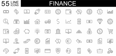 Wall Mural - Set of 55 Finance icons. Business and Finance web icons. Vector business and finance editable stroke line icon set with money, bank, check, law, auction, exchance, payment. Vector illustration.