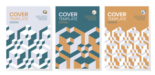 Wall Mural - Collection of trendy minimal 3d geometric shapes cover designs. Abstract dynamic isometric optical illusion backgrounds for brochures, flyers, prints, posters, layouts.