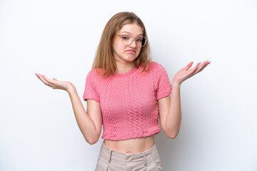 Wall Mural - Teenager Russian girl isolated on white background having doubts while raising hands