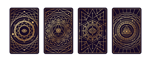 Magic tarot cards set with wheel of fortune and eye esoteric design. Vector illustration. Astrology or sacred geometry poster print. Occult pattern, mystic luxury boho style.