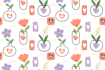 Wall Mural - Seamless pattern with spring flowers in vases, vector illustration great for collages, wrapping paper, covers, banners.