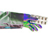 Psychedelic style. Hand gives drug blister. Isolated photo in psychedelics colors on a white background. Drug dealer offers psychedelic for mind effects. Psychotropic capsules distribution concept.