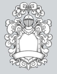 Wall Mural - graphic art line drawing of heraldic coat of arms. shield with helmet, plume and ribbon. engraving s
