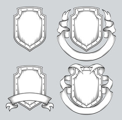 Wall Mural - graphic art line drawing of shield and ribbon. engraving style layout for emblem or logo. coat of ar